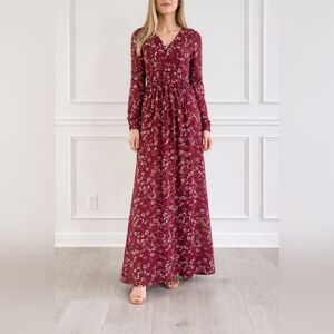 As U Wish Women's S Burgundy Floral Chiffon Long Bell Sleeve V-neck Maxi Dress.